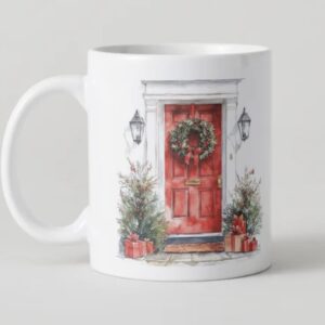 Mug Noël Aquarelle – Porte Rouge Festive & Couronne