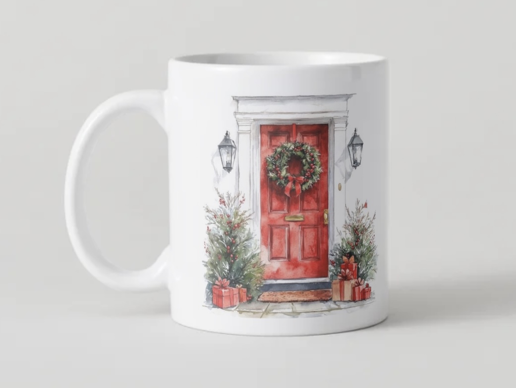 Mug Noël Aquarelle – Porte Rouge Festive & Couronne