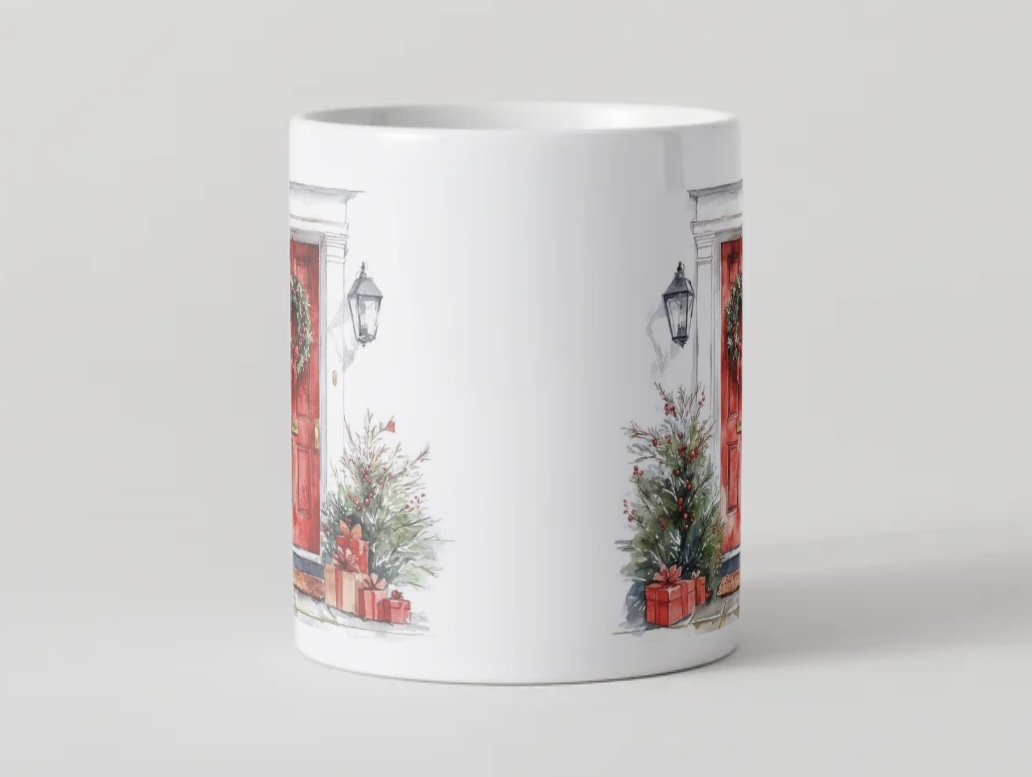 Mug Noël Aquarelle – Porte Rouge Festive & Couronne – Image 2